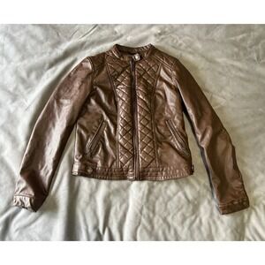 Miss Selfie Brown Faux Leather Quilted Moto Biker Jacket Womens Size Medium